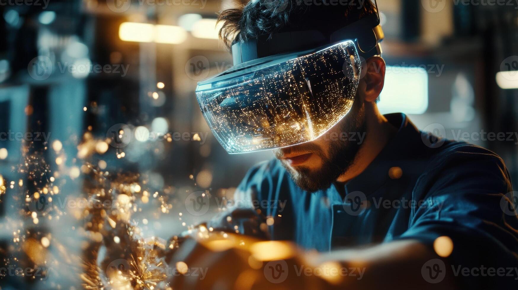 Filtering light through the lens of the AR headset the engineer observes intricate 3D designs of components that swirl in their field of vision enhancing their assembly technique photo