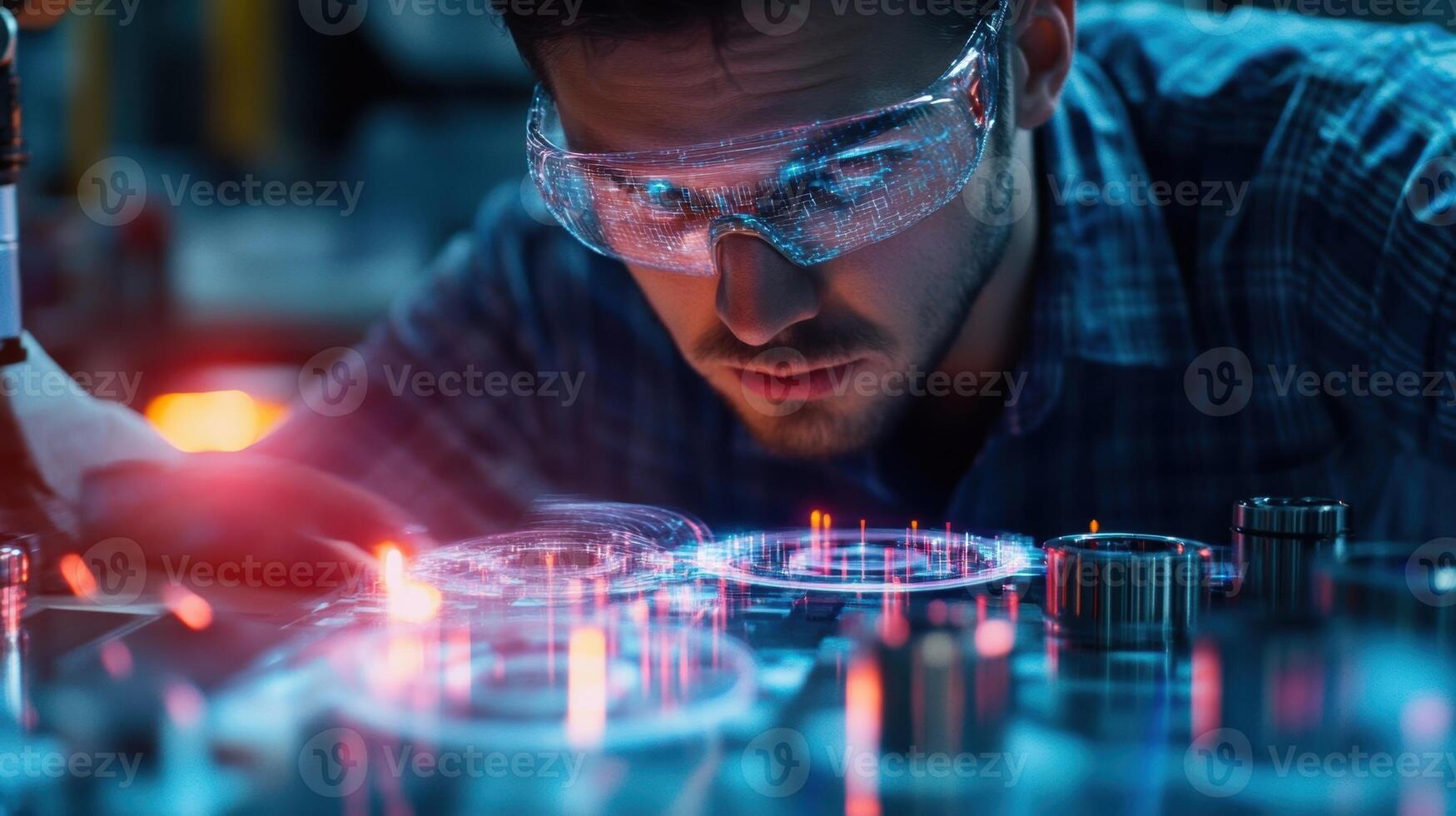 A closeup of a worker analyzing intricate parts produced by a nextgen robotic assembly arm their features reflecting concentration and fascination with the technology at hand photo