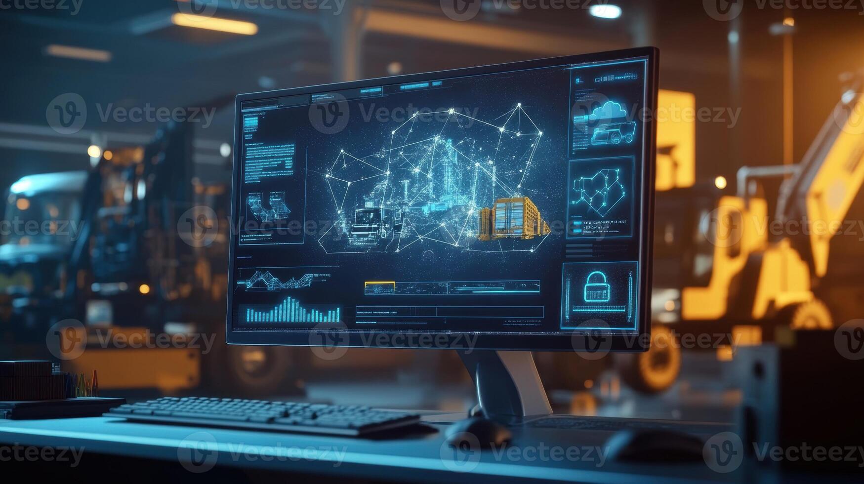 A graphic representation on a desktop monitor showing a cloud network diagram where different icons represent machinery logistics and supply chain operations synchronized in the cloud photo