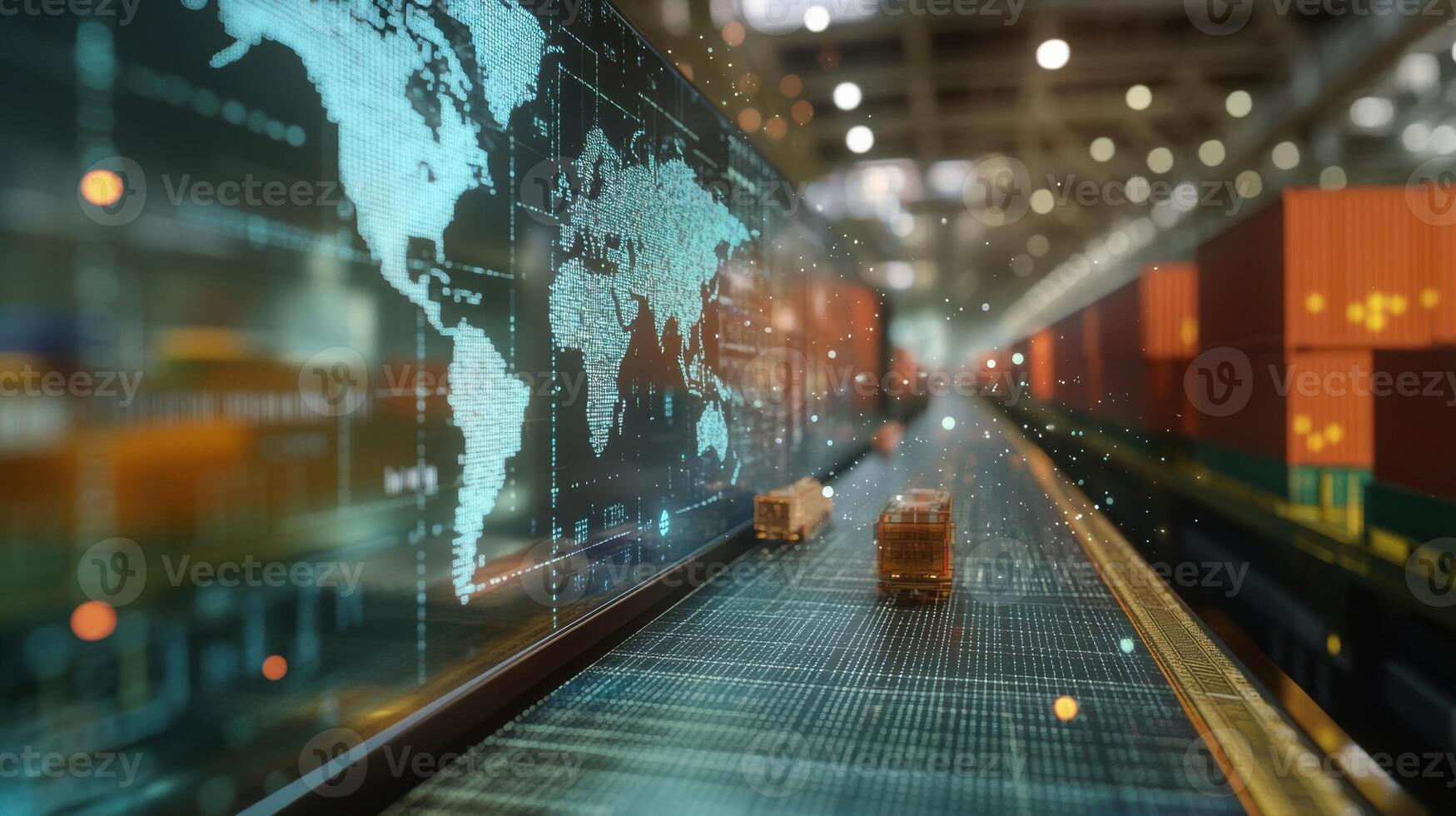 A detailed view of a digital map on a monitor illustrating streamlined shipping routes that terminate close to a factory showcasing significantly shortened distances and reduced photo