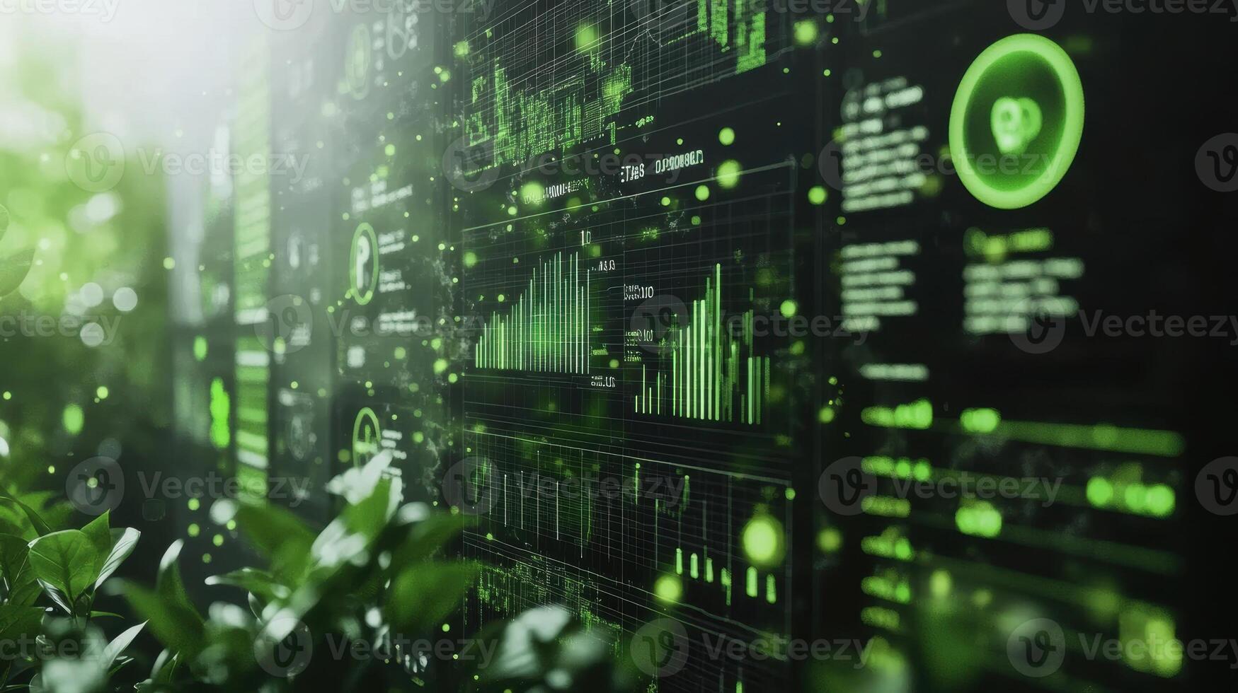 A detailed look at a logistics dashboard integrating renewable resource data showing pie charts and bar graphs in green hues representing the percentage of sustainable materials used photo
