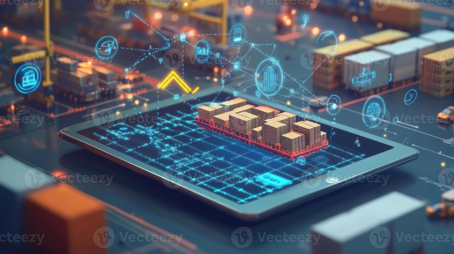 A digital display on a tablet captures a supply chain overview with animated arrows and icons symbolizing the journey from raw materials to finished products all set against a slee photo