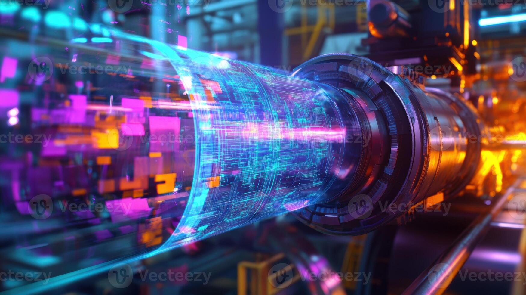 A vibrant AR display showing a workflow diagram with colorcoded tasks and resource management metrics with a worker intensely reviewing the information surrounded by operational machinery photo