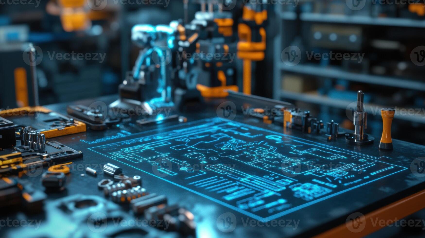 colorful projections of tools and schematics blend seamlessly into the real environment around them photo