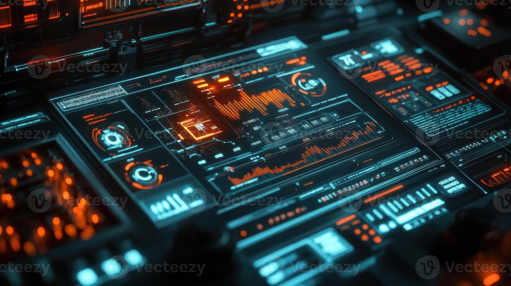 A close shot of a digital console interface with icons representing various manufacturing metrics all connected to a central cloud platform emphasizing data sharing and collaboration photo
