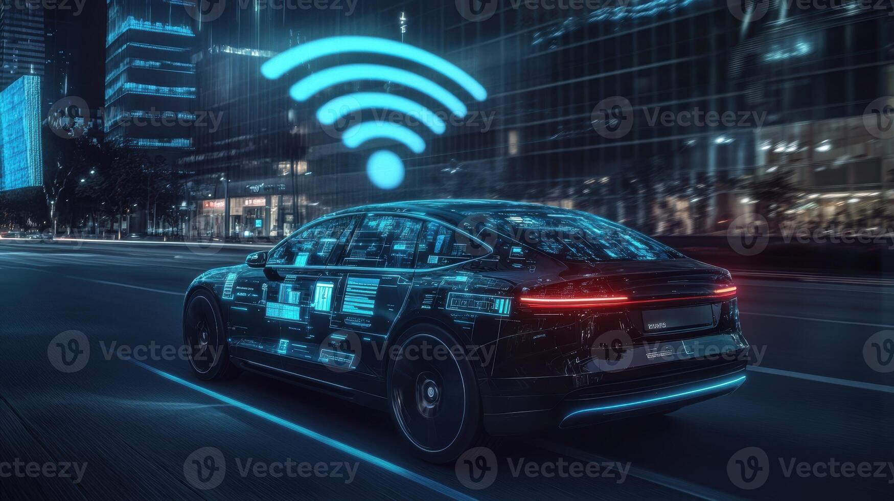 A detailed view of the autonomous vehicles dashboard displaying realtime data metrics with a vivid 5G signal symbol prominently featured in the upper corner photo