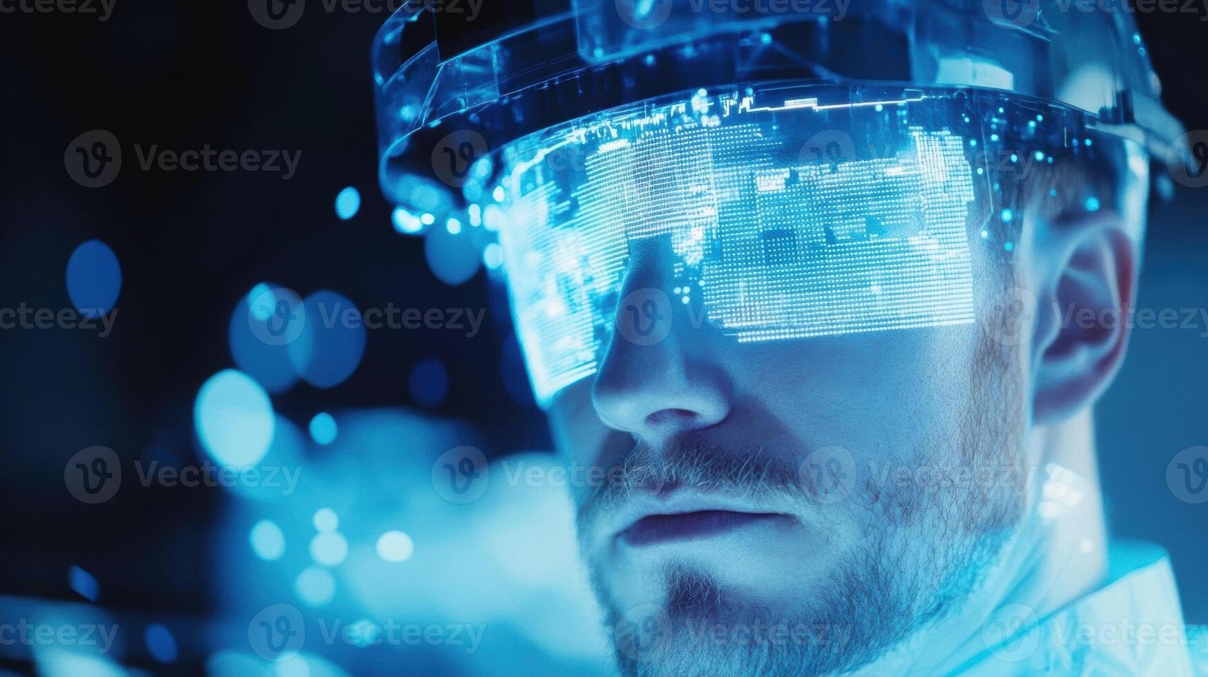 An intimate view of a workers face illuminated by the AR visor with visual data showing air quality readings and the presence of toxic substances in the factory environment photo