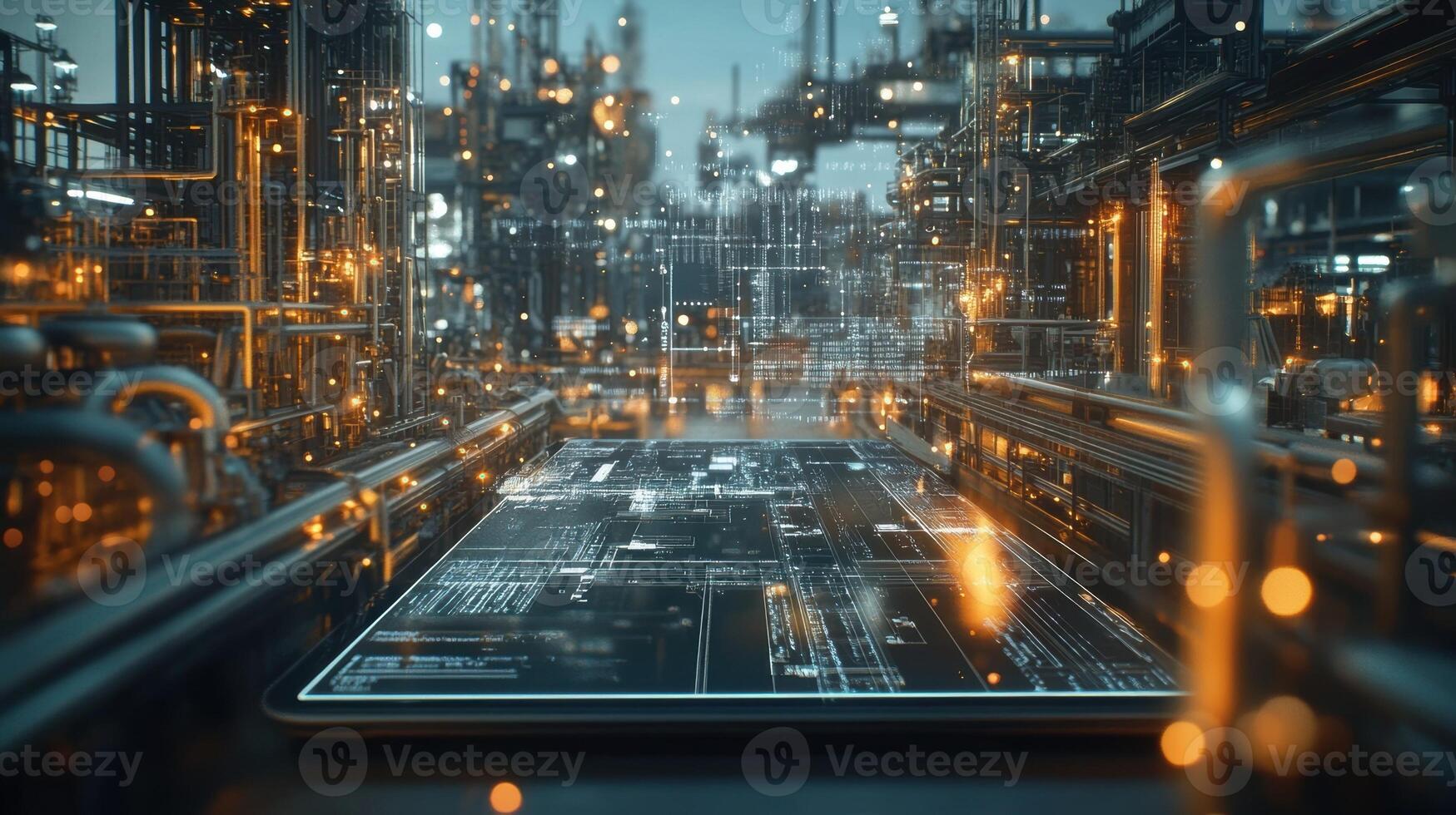 A tablet laying flat featuring a rich visual interface of interactive learning paths accompanied by safety manuals and checklists set against the backdrop of a busy factory scene photo