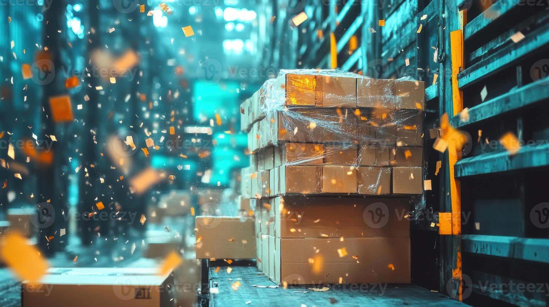 A closeup of an industrial baler compressing cardboard boxes with fresh bales tightly bound for transportation and future recycling processes photo
