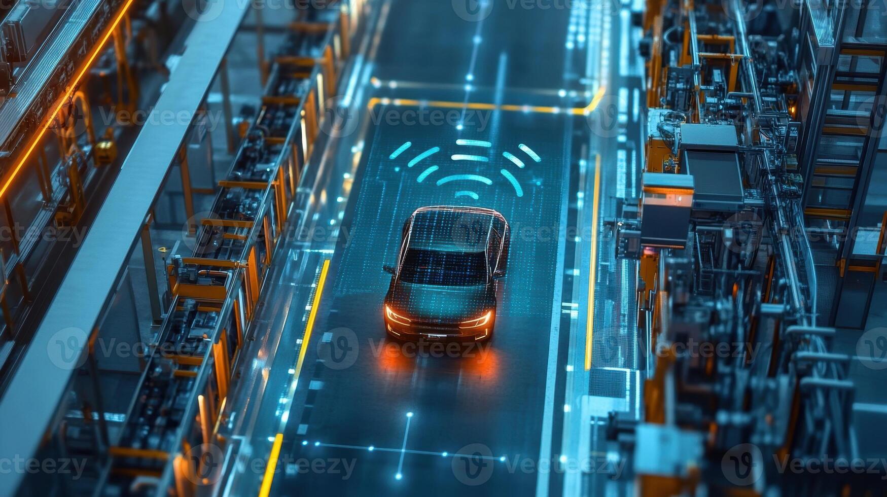 An overhead shot of an autonomous vehicle maneuvering between assembly lines with a bright 5G connectivity icon above signifying seamless communication photo