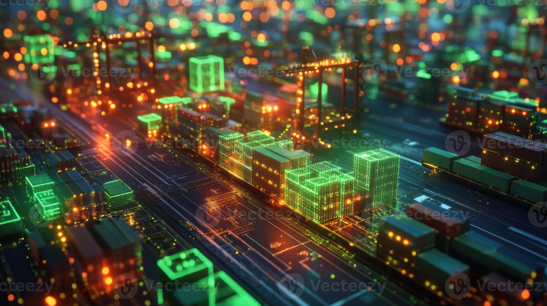 A hightech supply chain management interface featuring realtime tracking of ecofriendly shipments with bright green alerts for ontime deliveries and sustainable sourcing photo