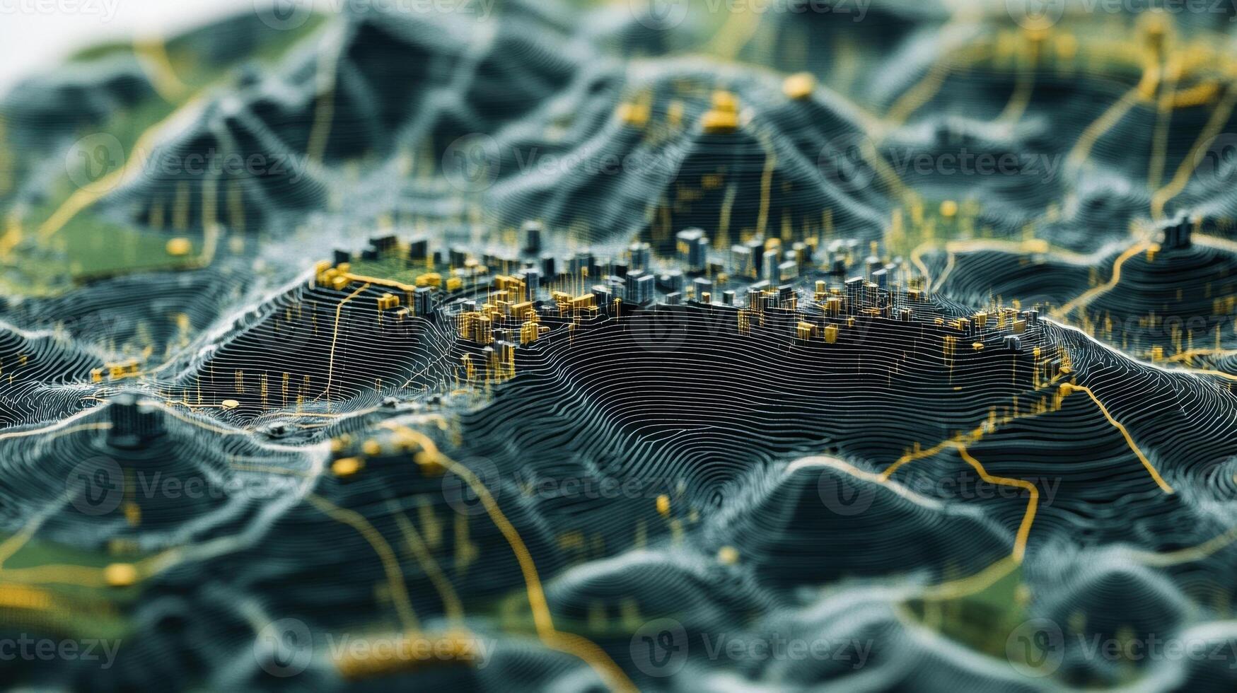 An intricate topographic map showcasing microfactories symbolized by small factory icons with shaded areas indicating regional access to resources and distribution networks photo