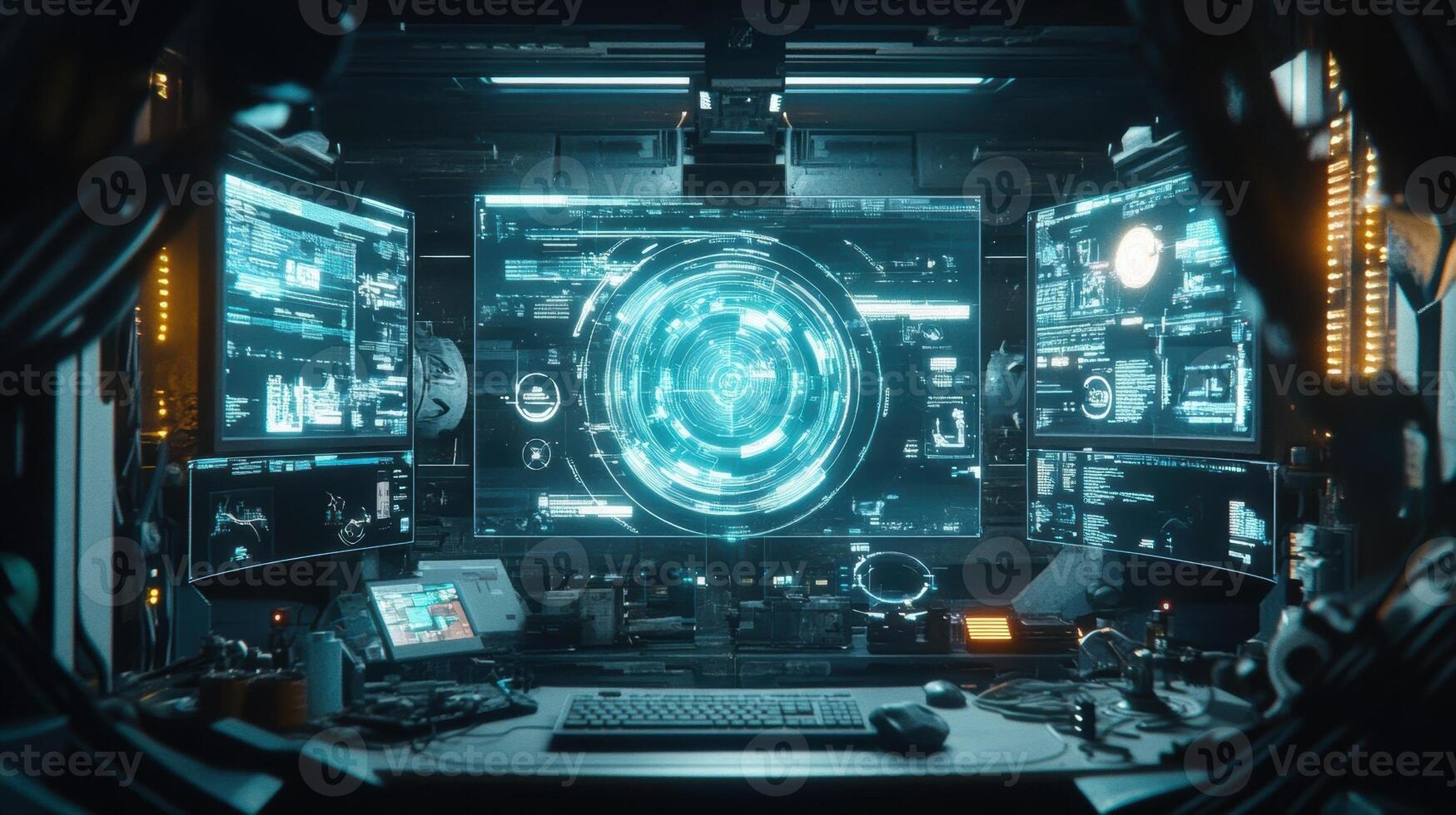 A focused view of the engineers computer screen surrounded by physical machinery where the AR headset extends the monitors display into the workspace making it interactive and immersive photo