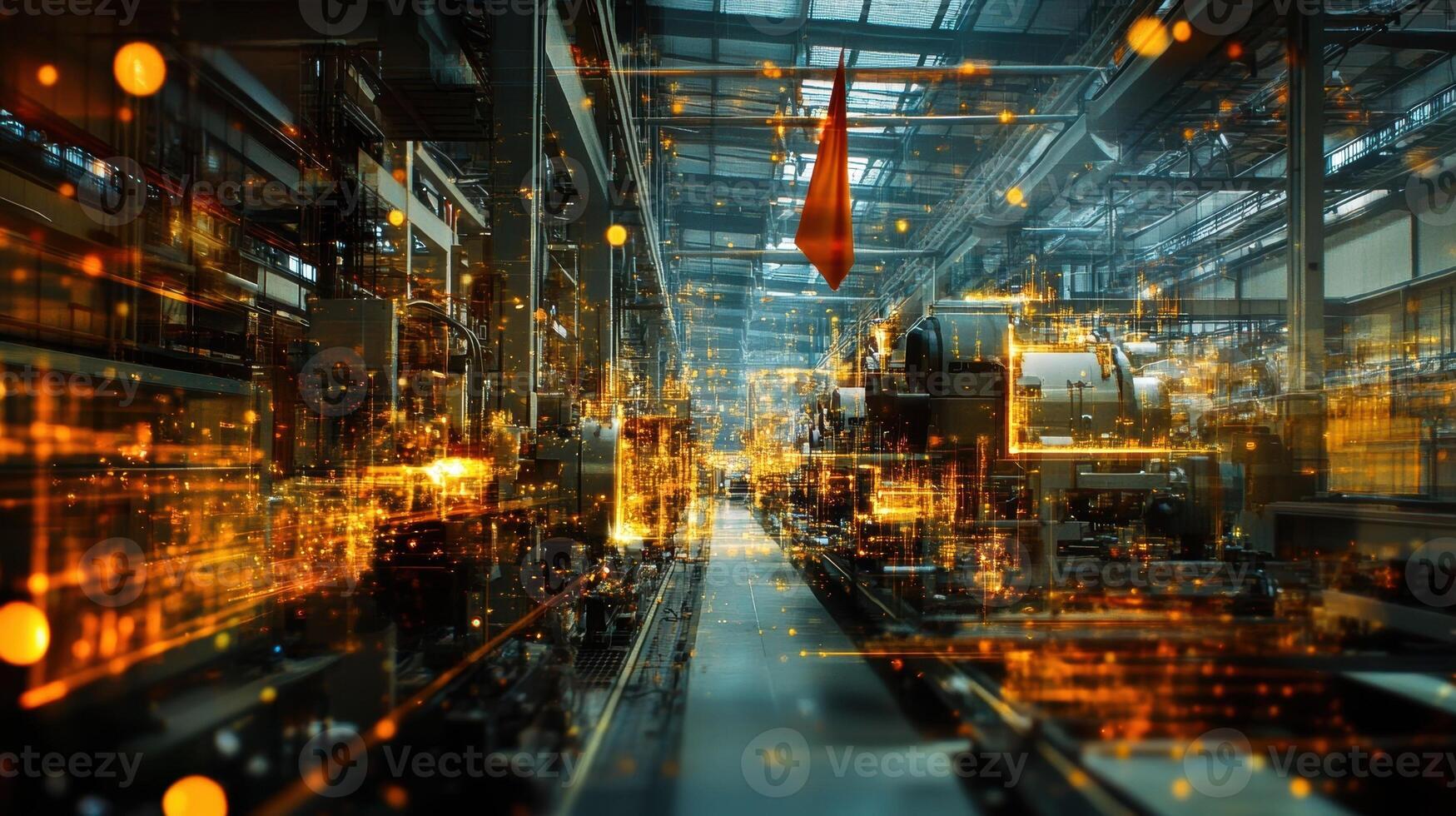 The assembly line of a heavy machinery factory with sparks flying and a national flag hanging overhead capturing the spirit of production as a pillar of national security photo