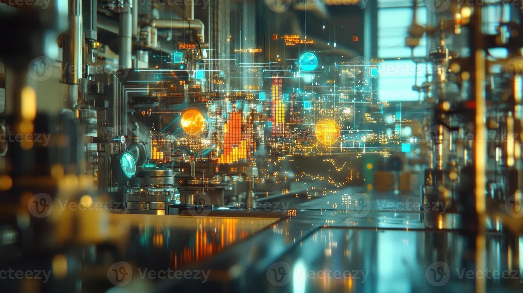 Through the AR lens the engineer witnesses multiple data streams of factory performance represented as colorful graphs and maps floating in their direct line of sight against the backdro photo