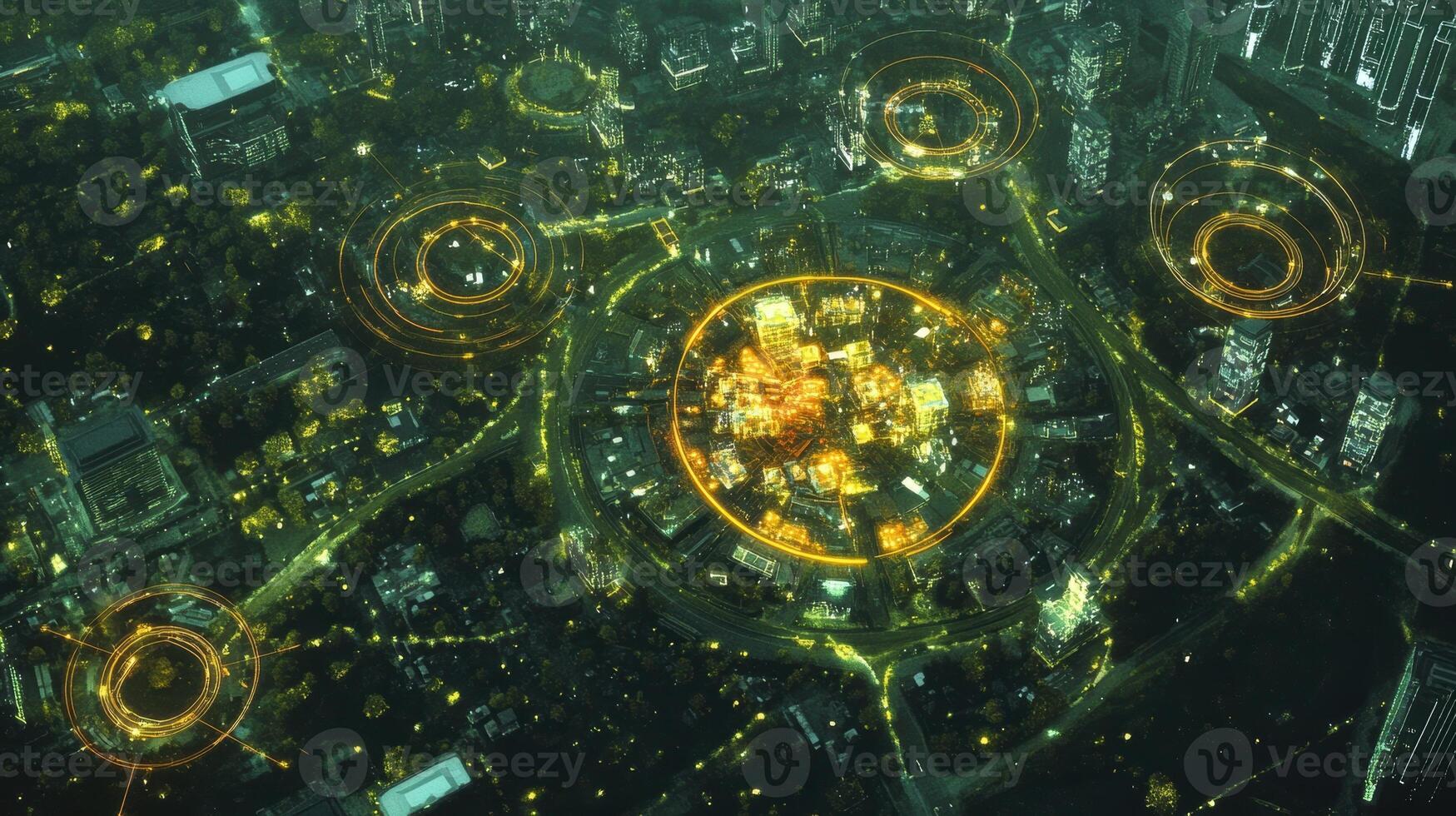 A textured map overlaying several urban areas with highlighted circles around microfactories showcasing their strategic sites near consumers and suppliers photo