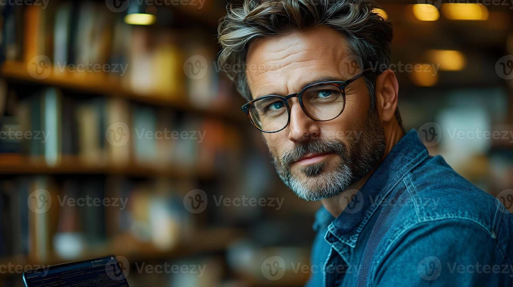 Portrait of a Confident Middle-Aged Man with Beard and Glasses in a Library Setting photo