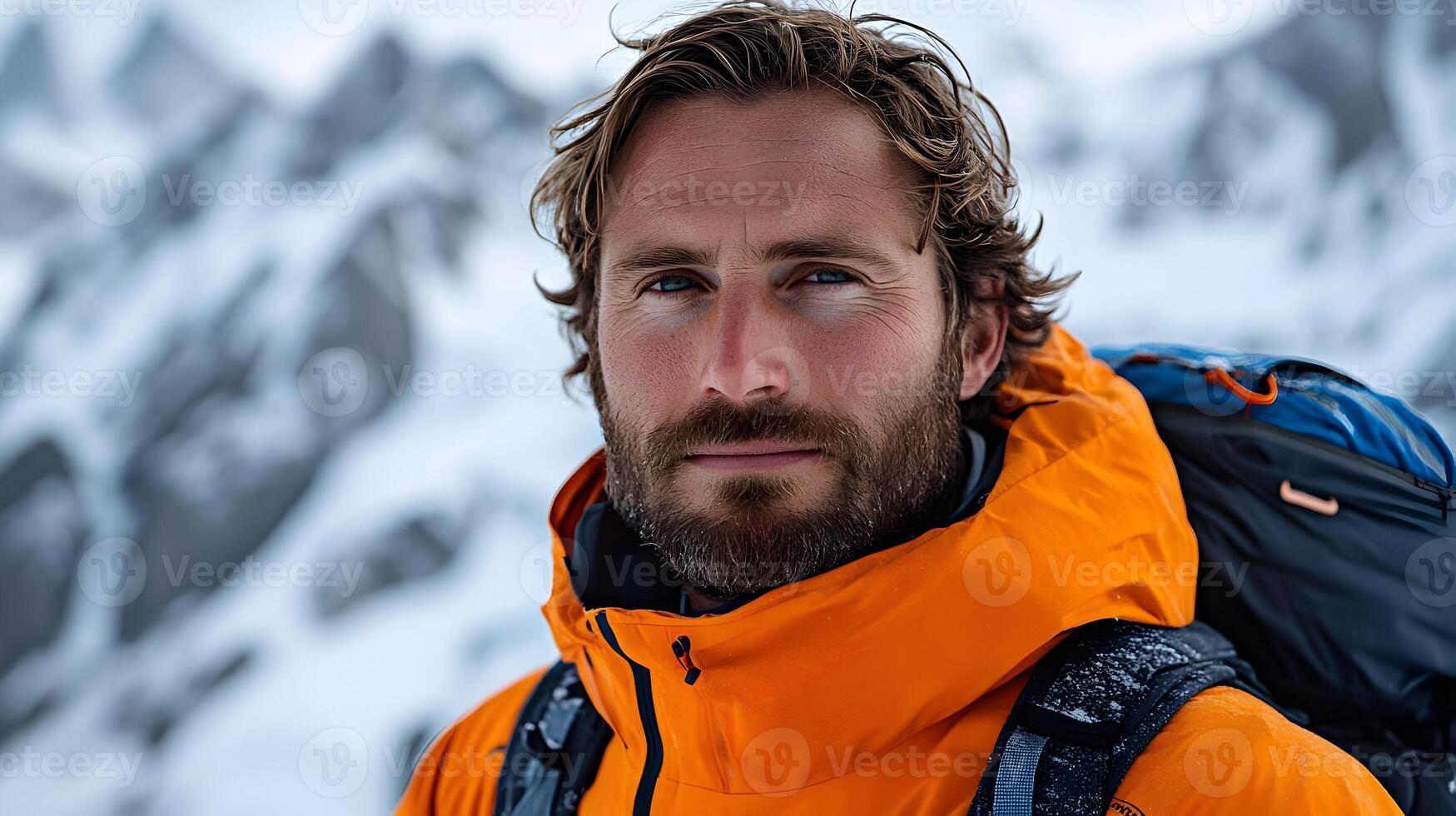 Portrait of a Rugged Adventurer in Snowy Mountain Landscape photo