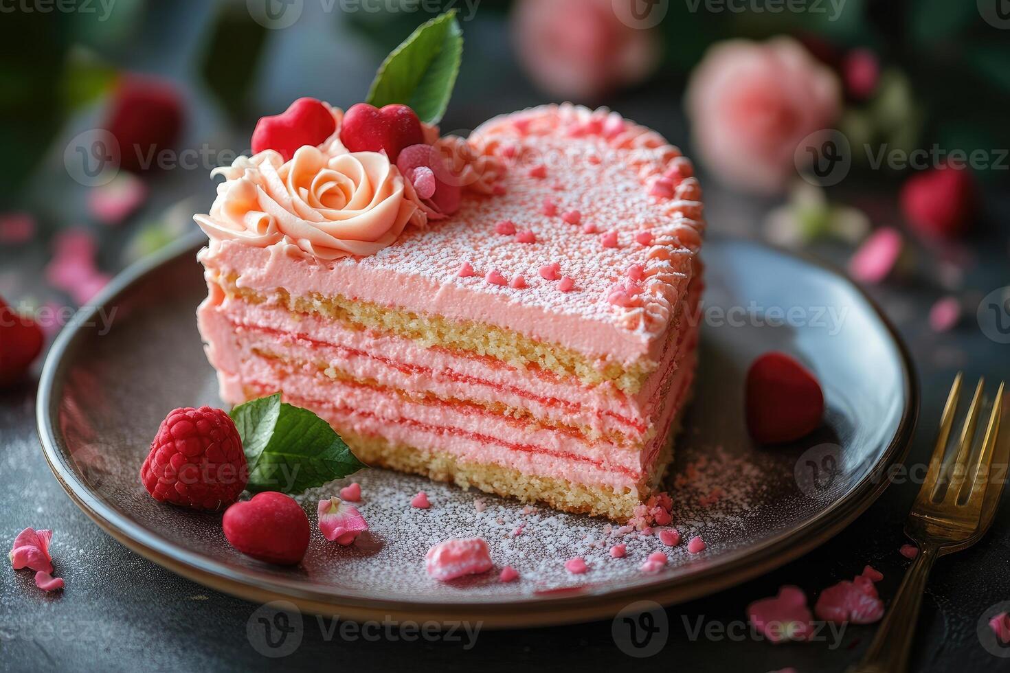Delicious heart shaped cake decorated with pink roses for valentine's day photo