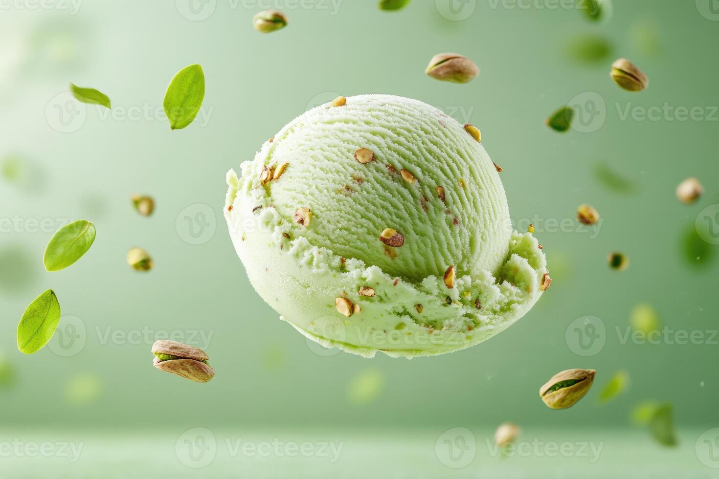 Pistachio ice cream scoop floating with falling pistachios and crumbs photo