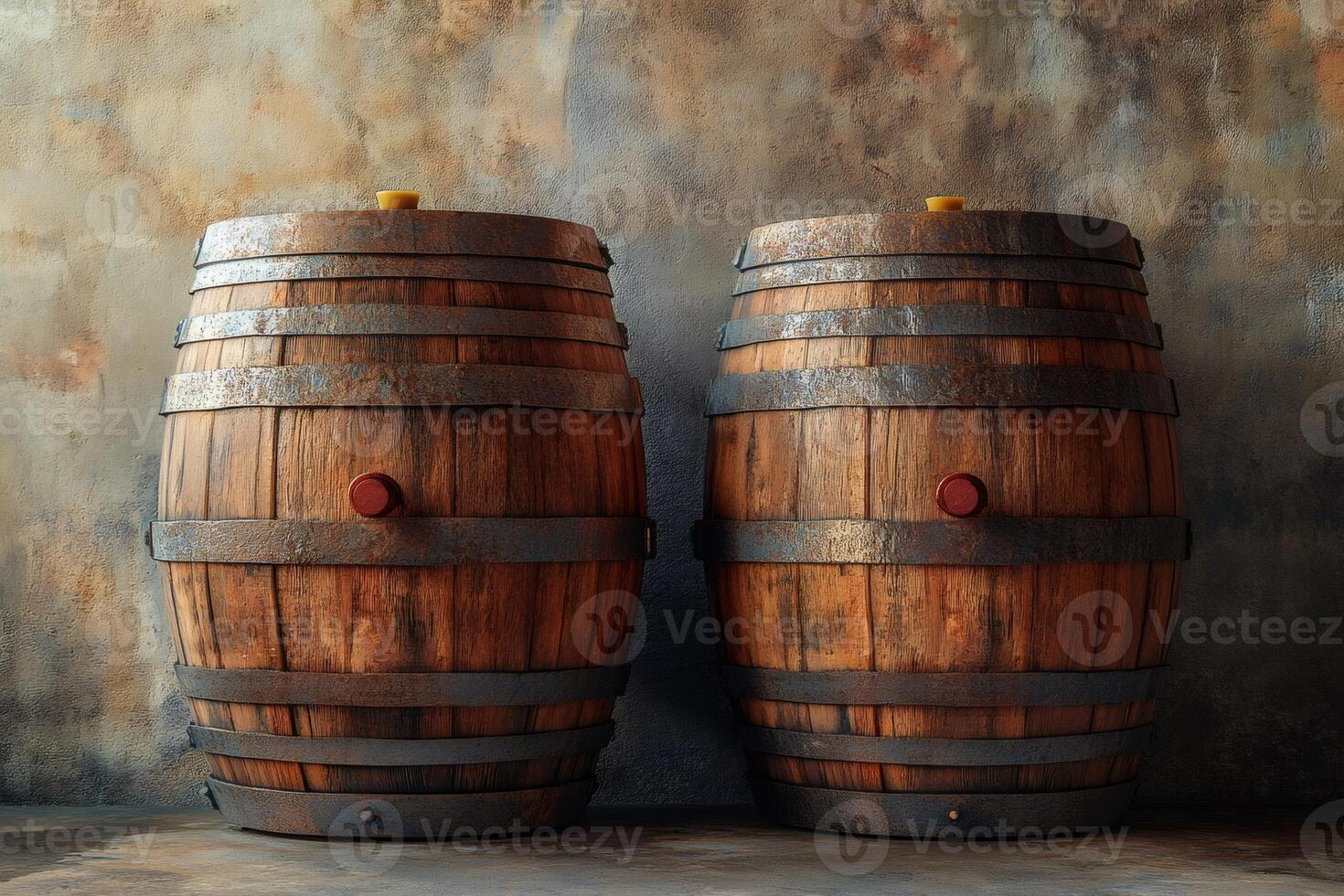 Two oak wine barrels resting against grunge wall in winery cellar photo