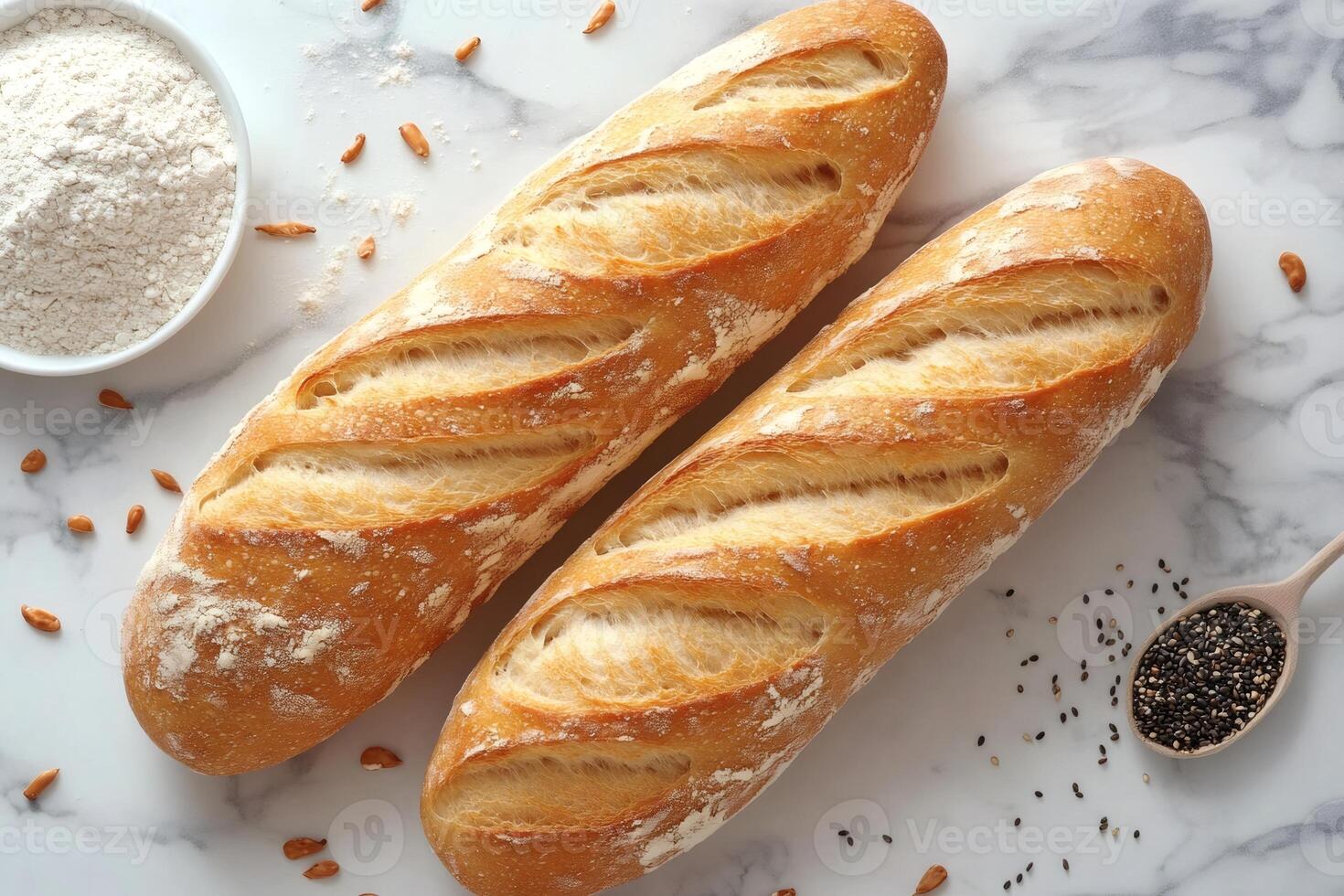 Two freshly baked baguettes on marble with flour and seeds photo