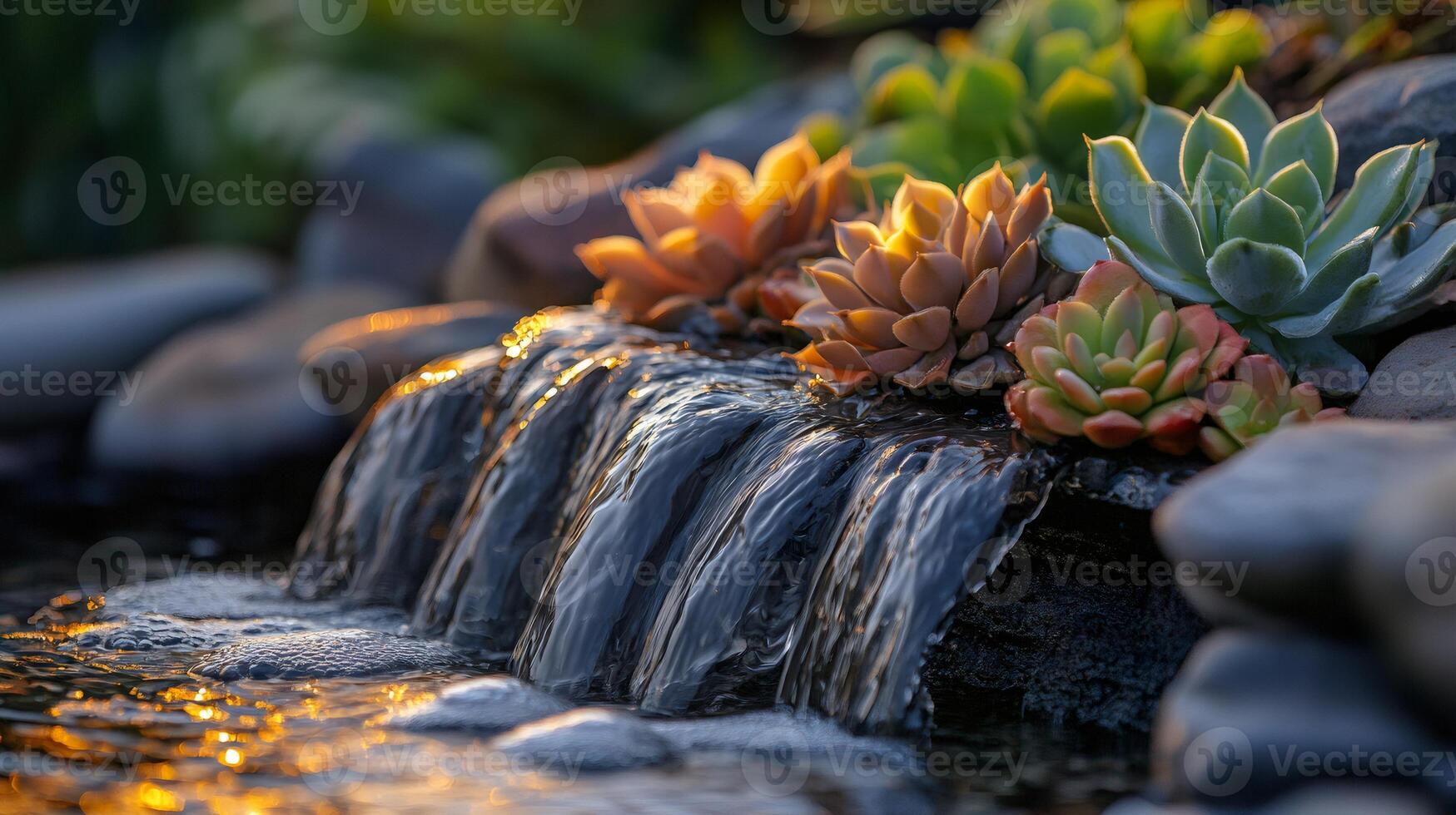 Small waterfall flowing over rocks with succulents at sunset in a zen garden photo