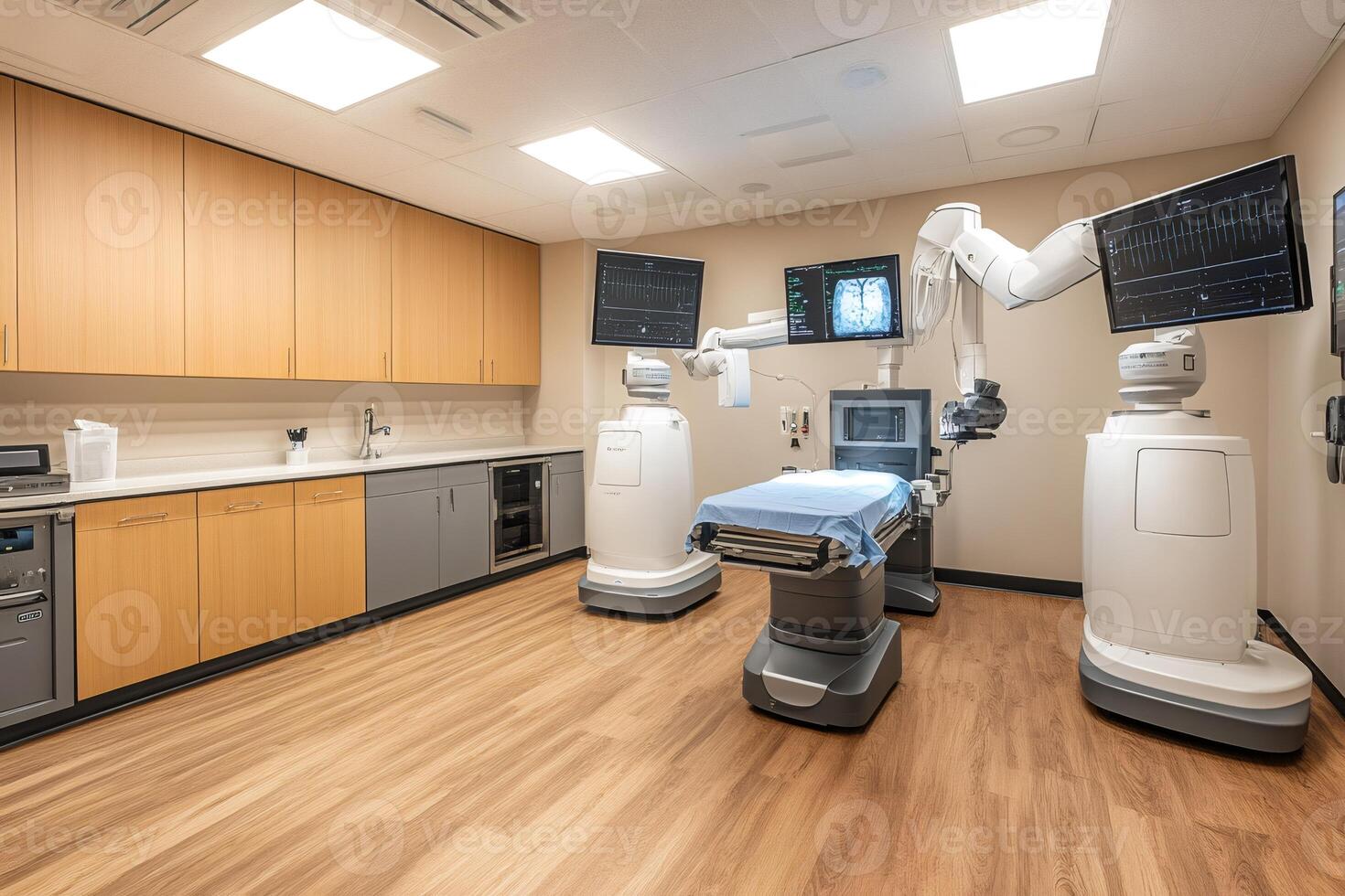 Modern operating room with robotic surgery equipment displaying brain scan photo
