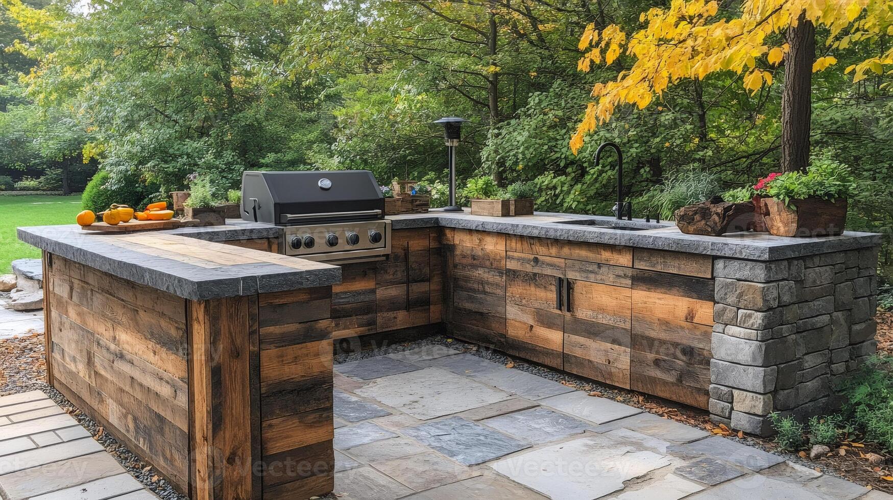 Modern outdoor kitchen featuring reclaimed wood and granite countertops in a lush backyard setting photo