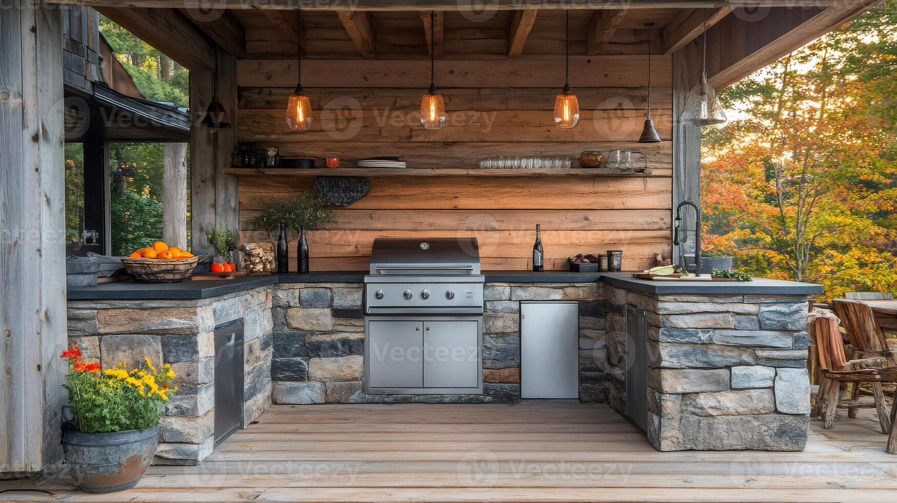 Modern outdoor kitchen featuring stainless steel grill and stone walls in rustic setting photo