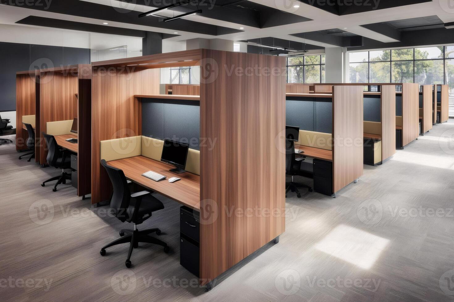Modern open plan office with cubicles providing privacy for employees working photo