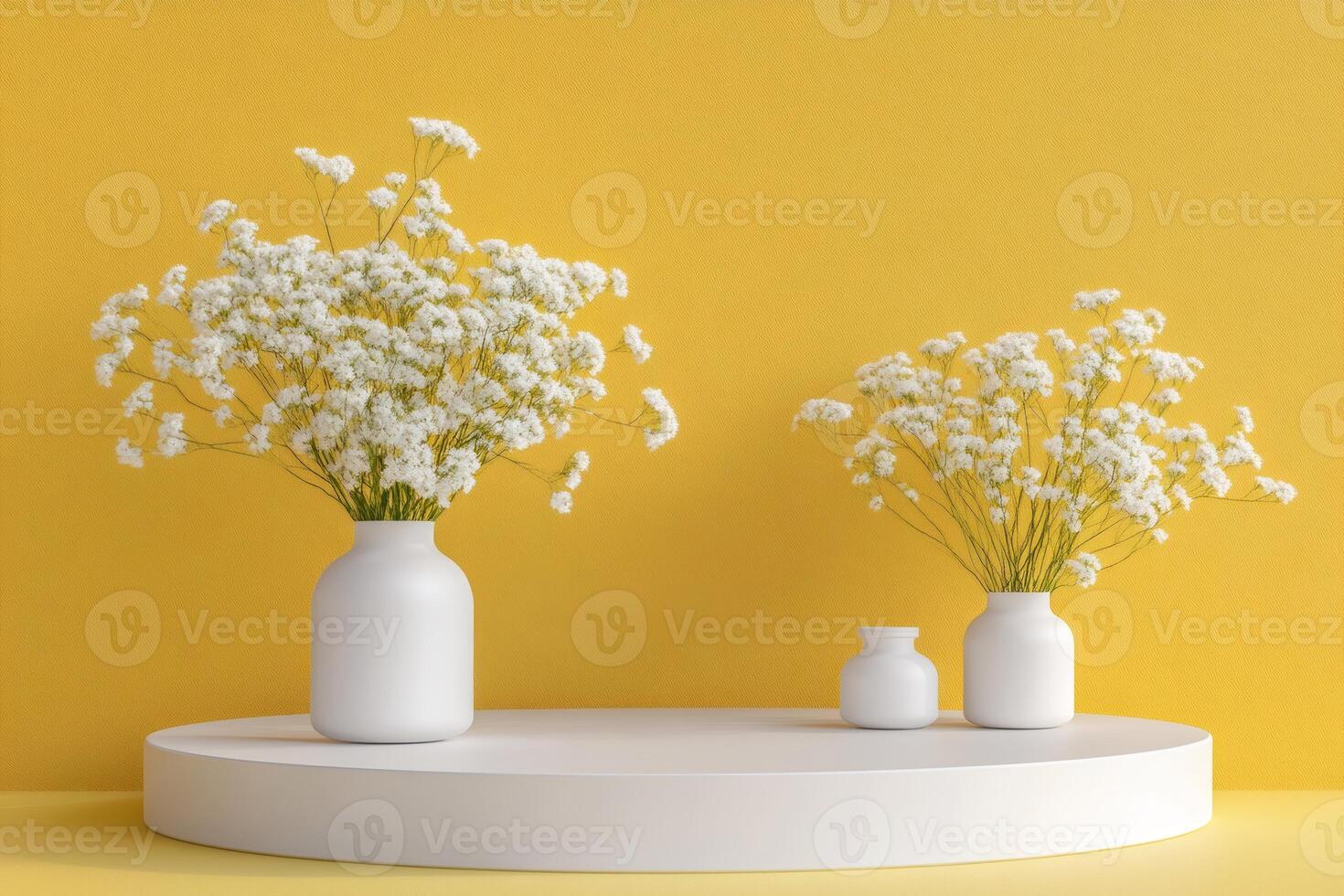White flowers decorating modern interior design with yellow background photo