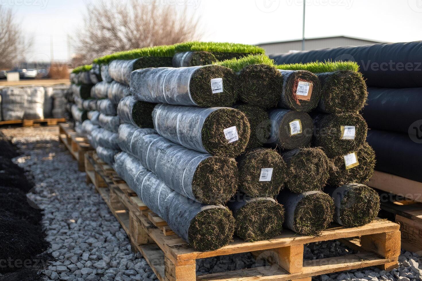 Stacks of sod rolls sitting on wooden pallets at garden center photo