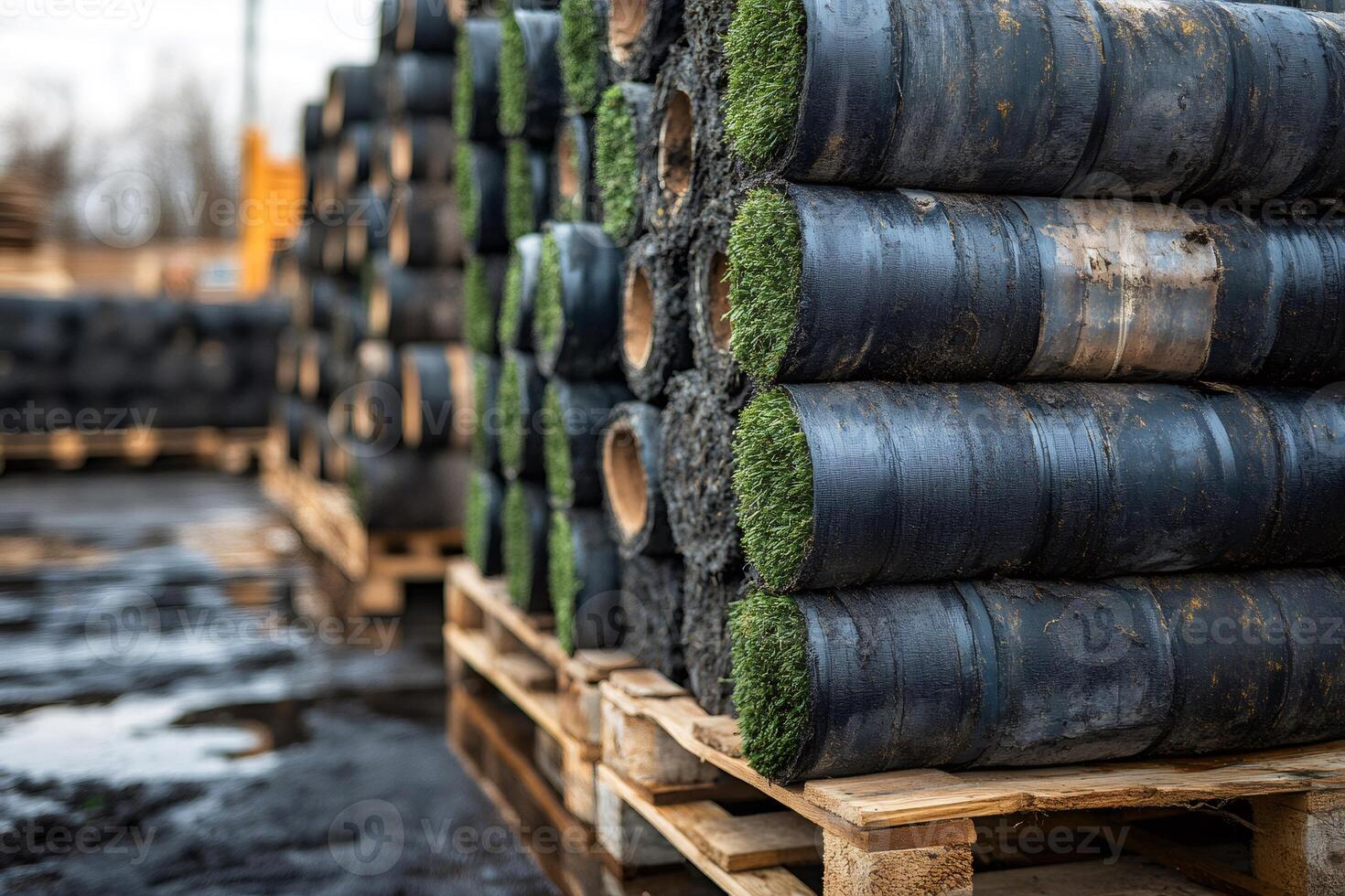 Rolls of artificial grass turf on wooden pallets awaiting installation photo