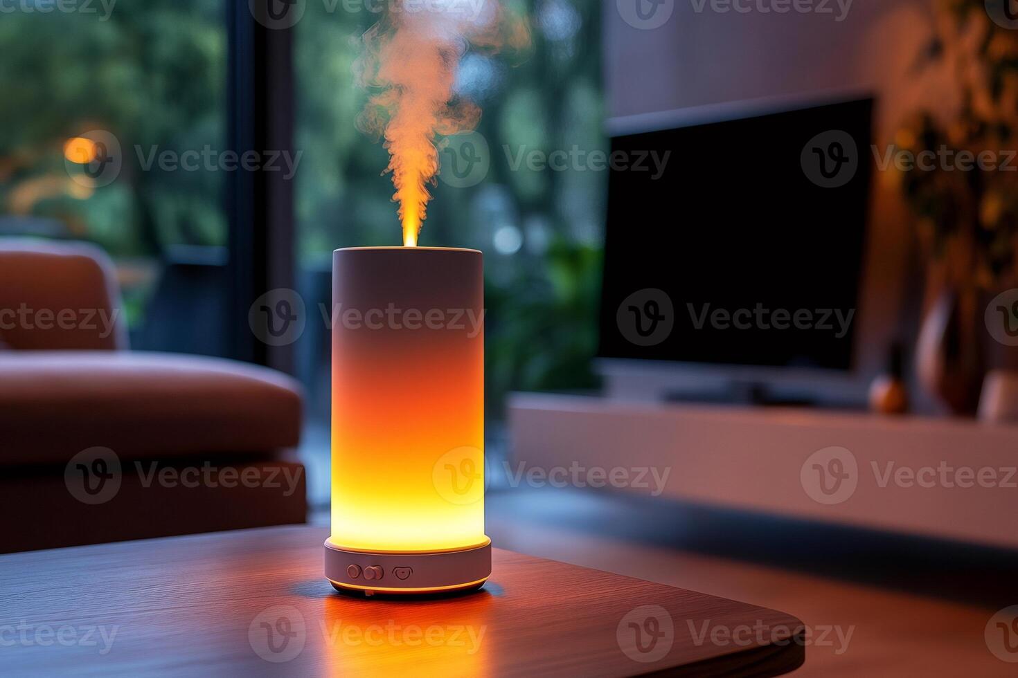Modern aroma diffuser emitting fragrant steam in cozy living room photo