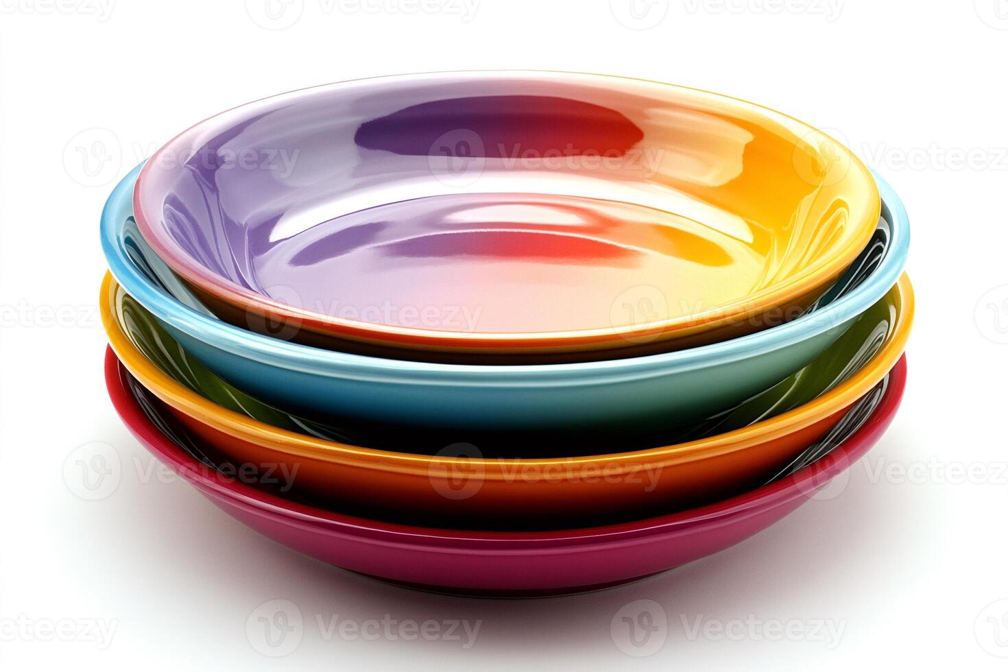 Stack of colorful empty ceramic plates on white background photo