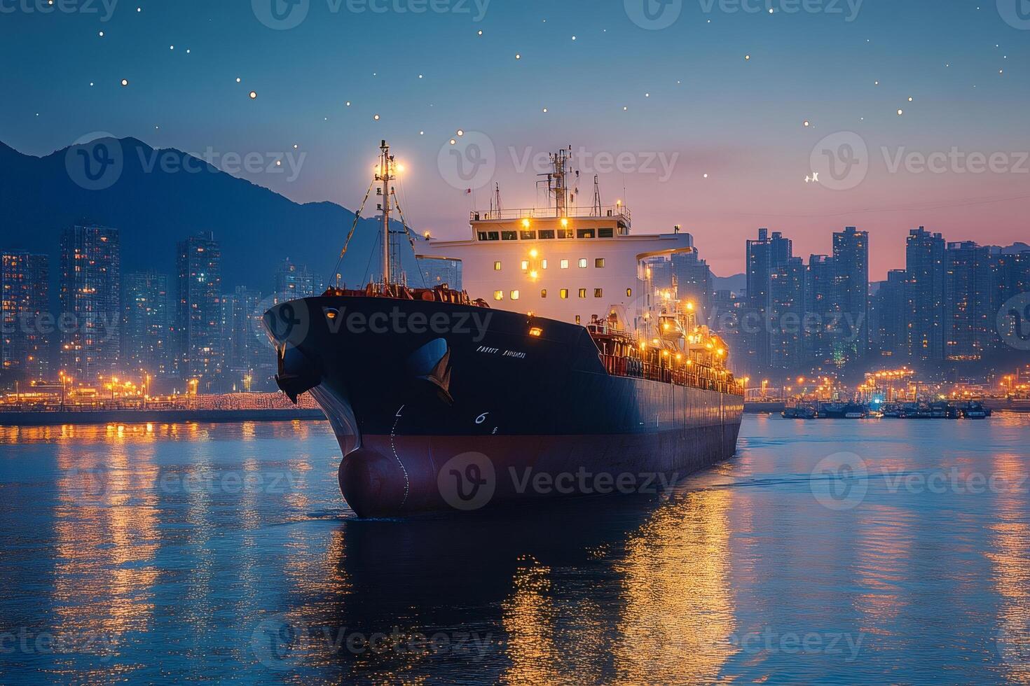 Large cargo ship sailing in front of illuminated cityscape at twilight photo