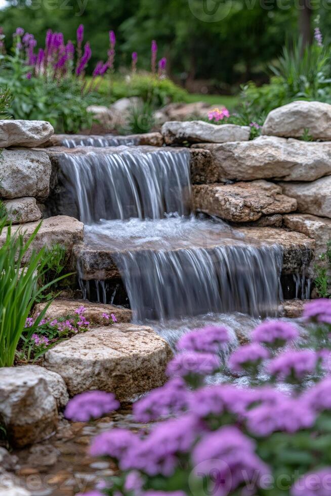 Cascading waterfall enhancing tranquil garden setting with purple flowers photo