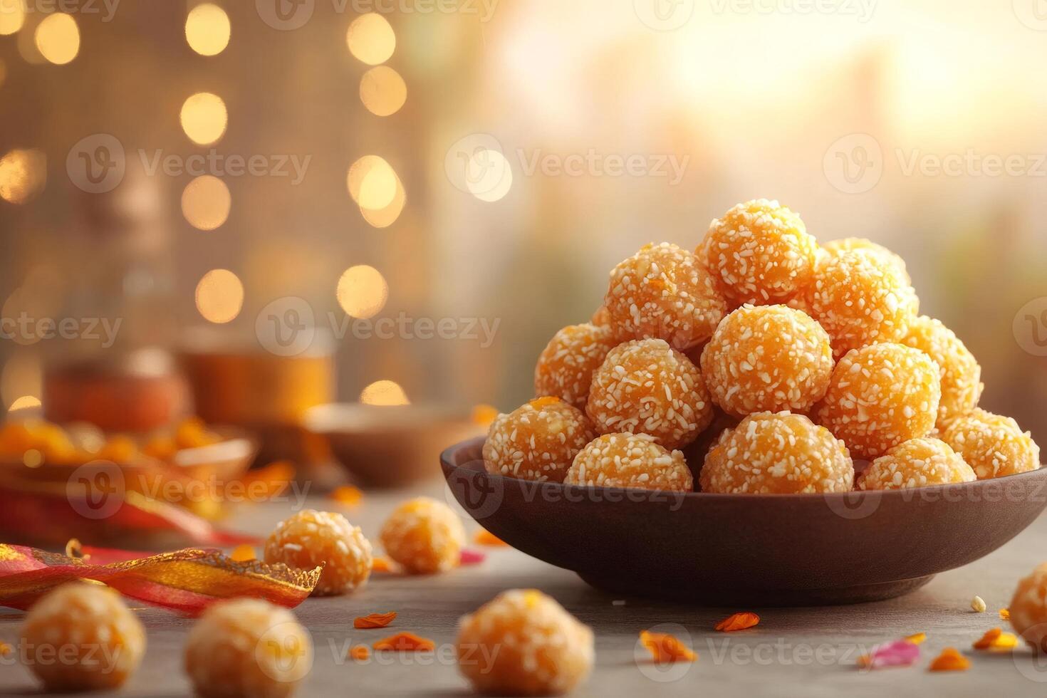 Delicious motichoor ladoo in a bowl celebrating diwali festival with lights and bokeh photo