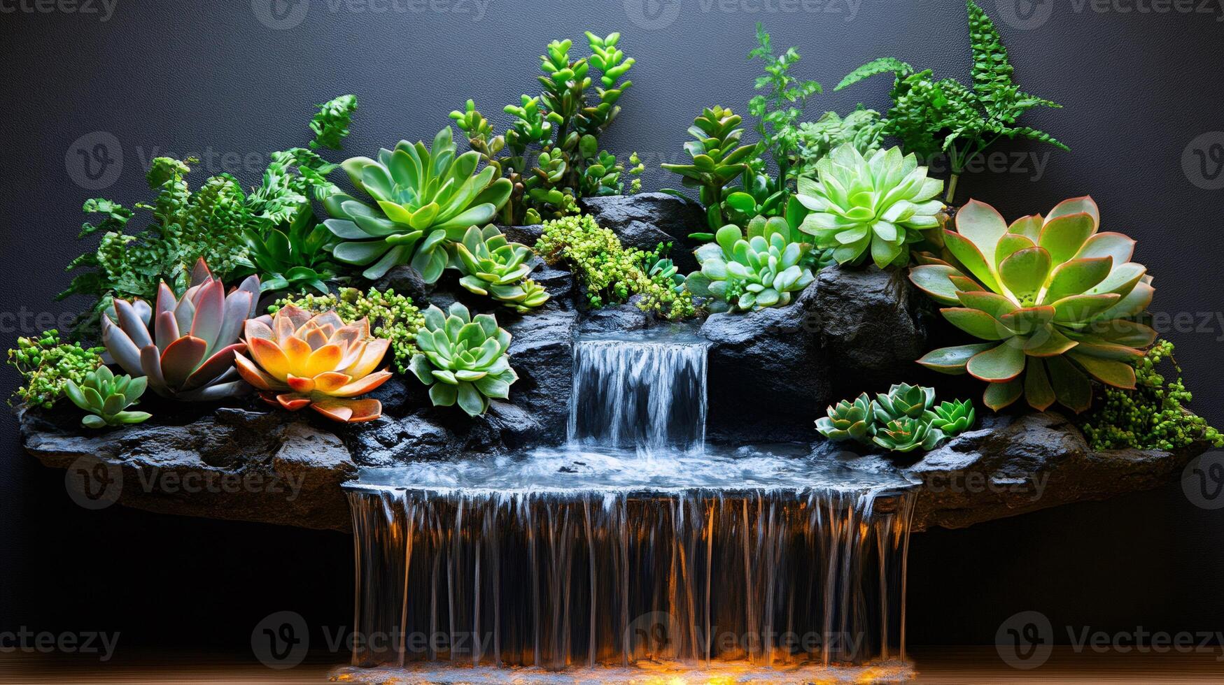 Decorative waterfall flowing over succulents and ferns in a rock garden photo