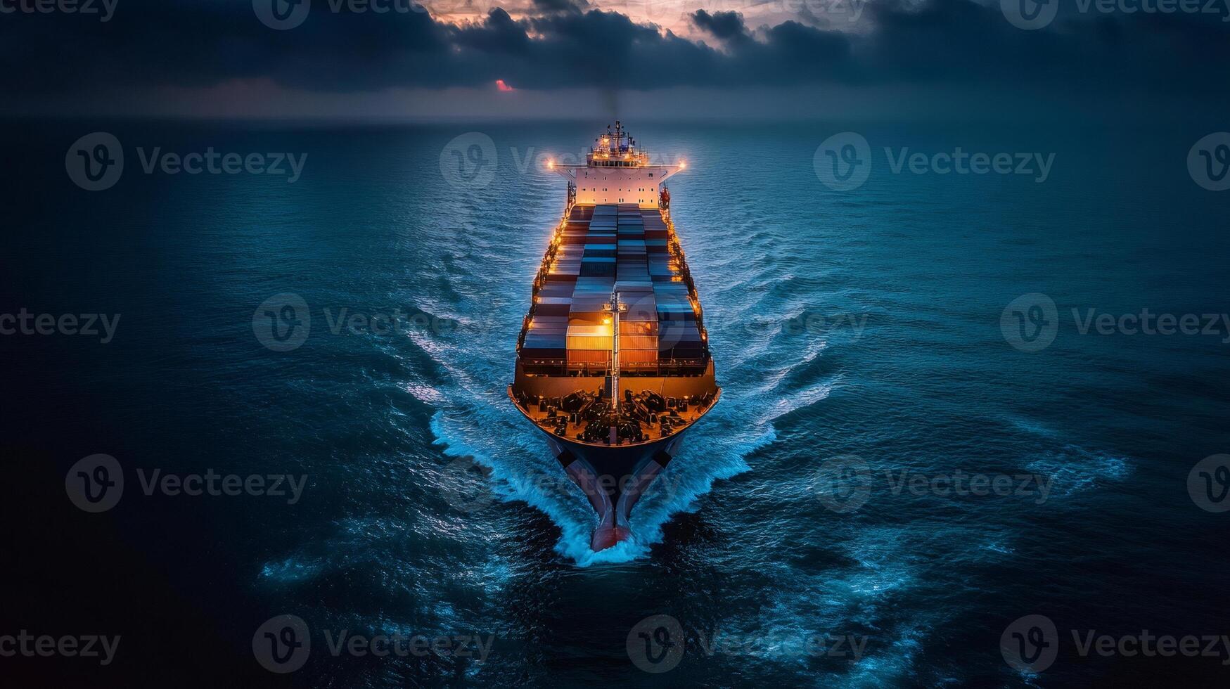 Large container ship sailing on the ocean at twilight under dramatic sky photo