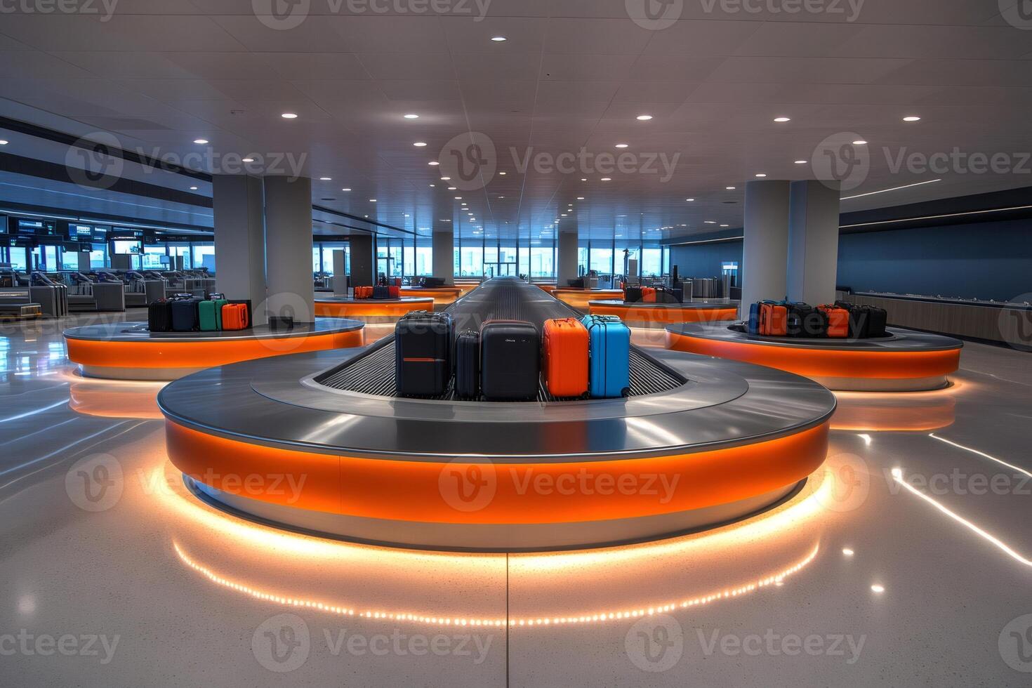 Luggage waiting on baggage claim carousel at modern airport terminal photo