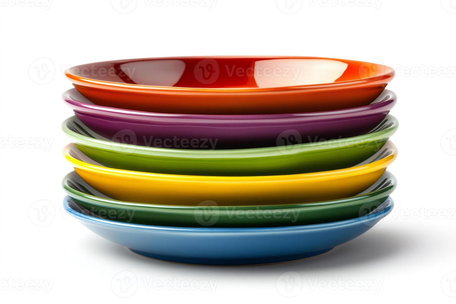 Stack of colorful empty ceramic plates on white background. photo