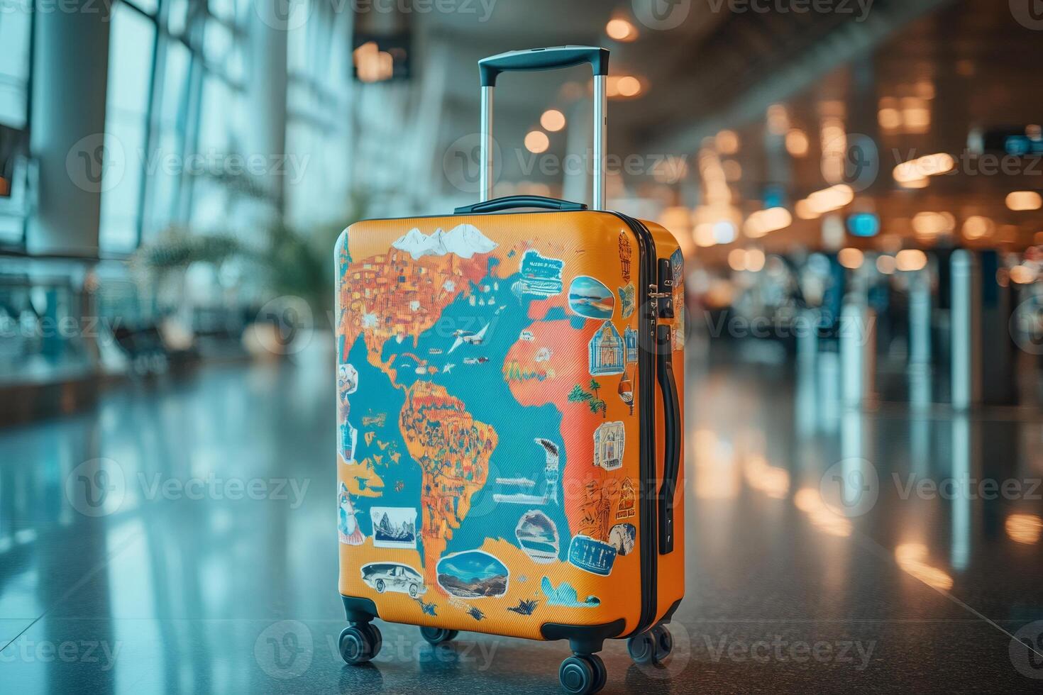 Yellow suitcase with world map and stickers waiting in airport terminal for international travel photo