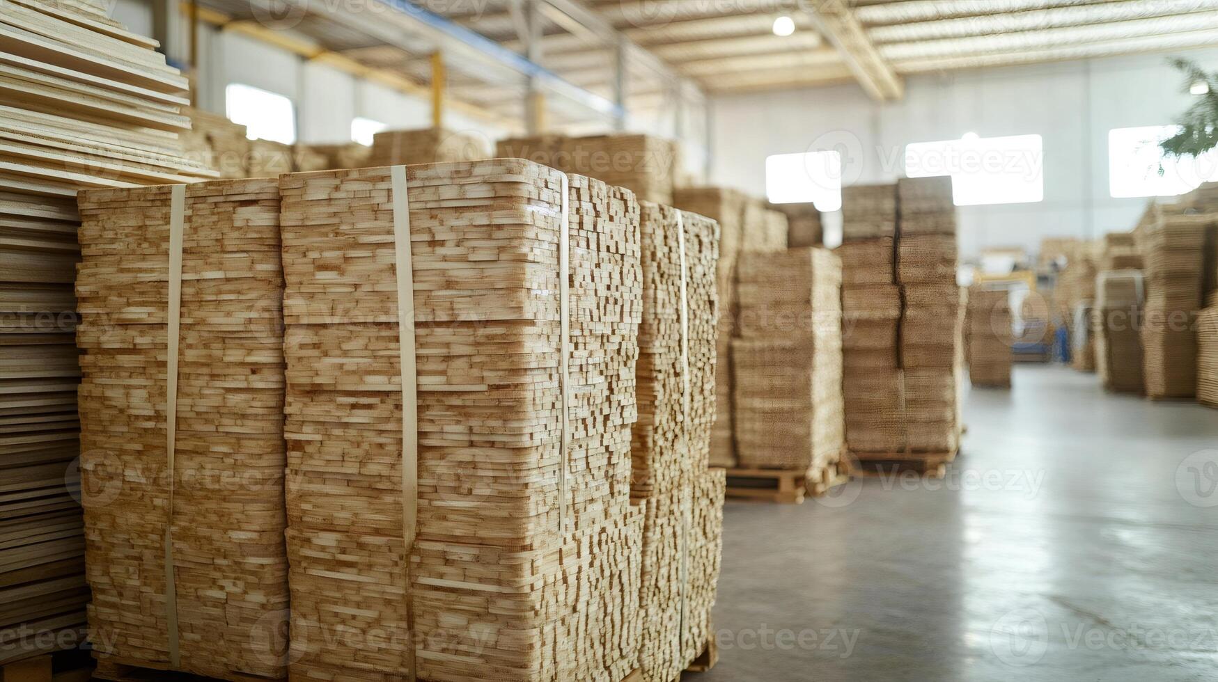 Stacks of processed wood planks filling warehouse space photo