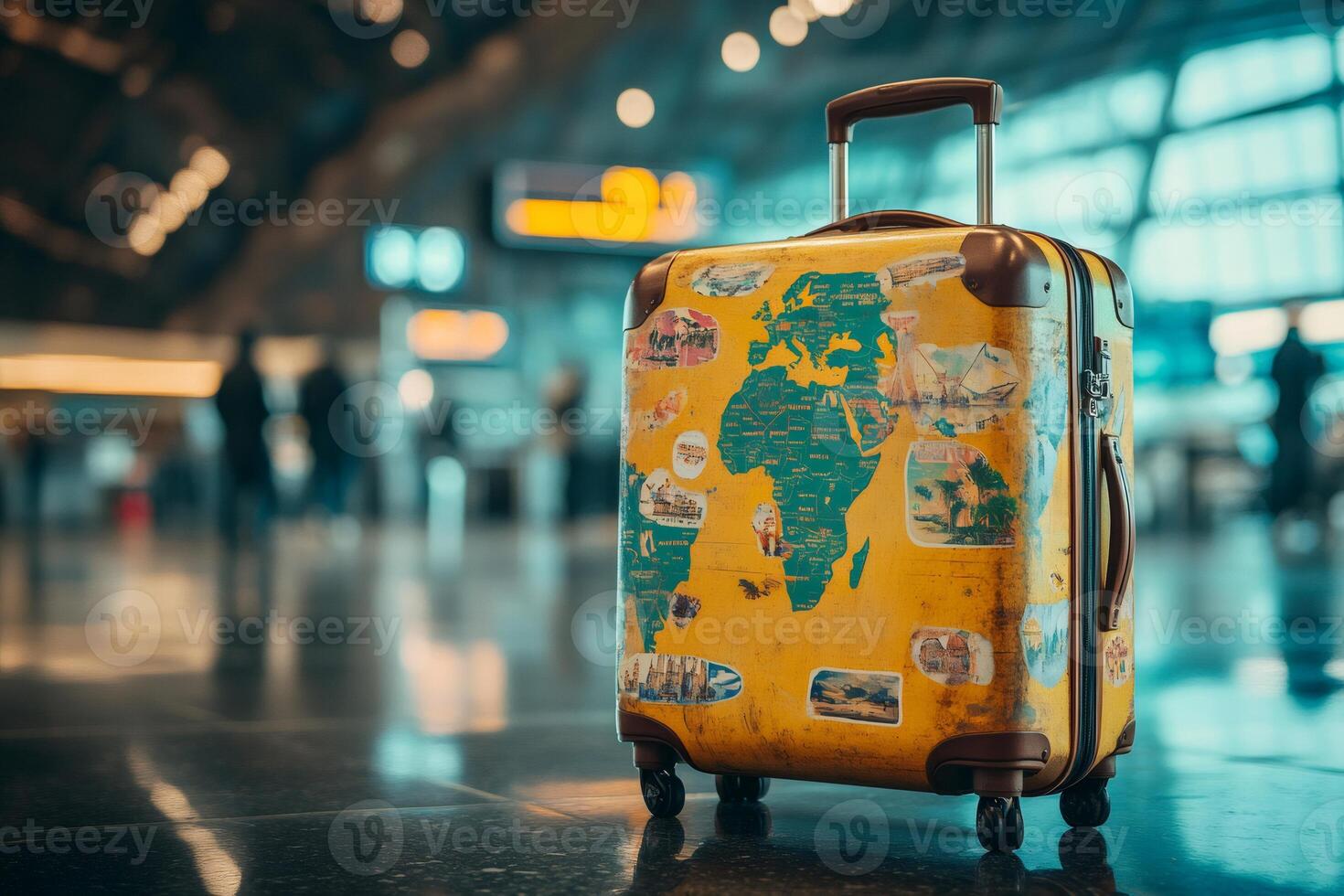 Yellow suitcase with world map and stickers waiting at airport terminal photo