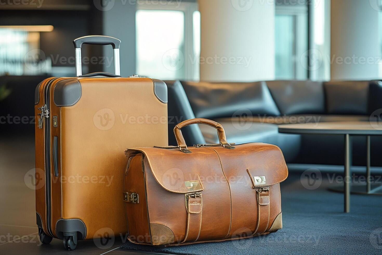 Leather suitcases and travel bag waiting in modern hotel lobby. photo