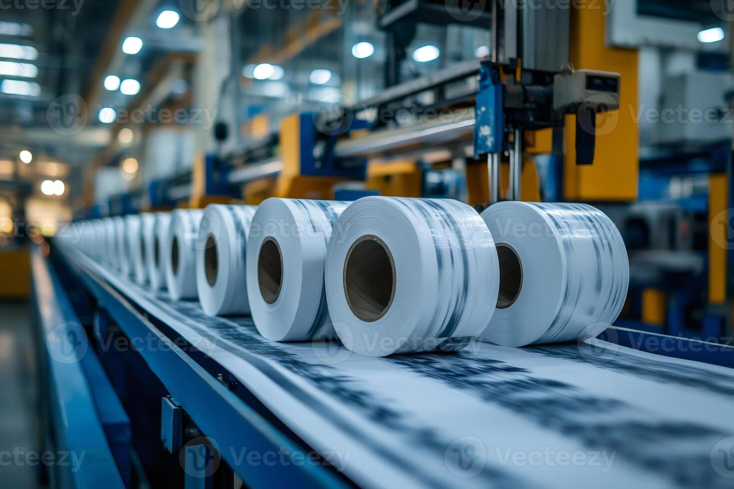 Conveyor belt transporting rolls of material in a modern factory photo