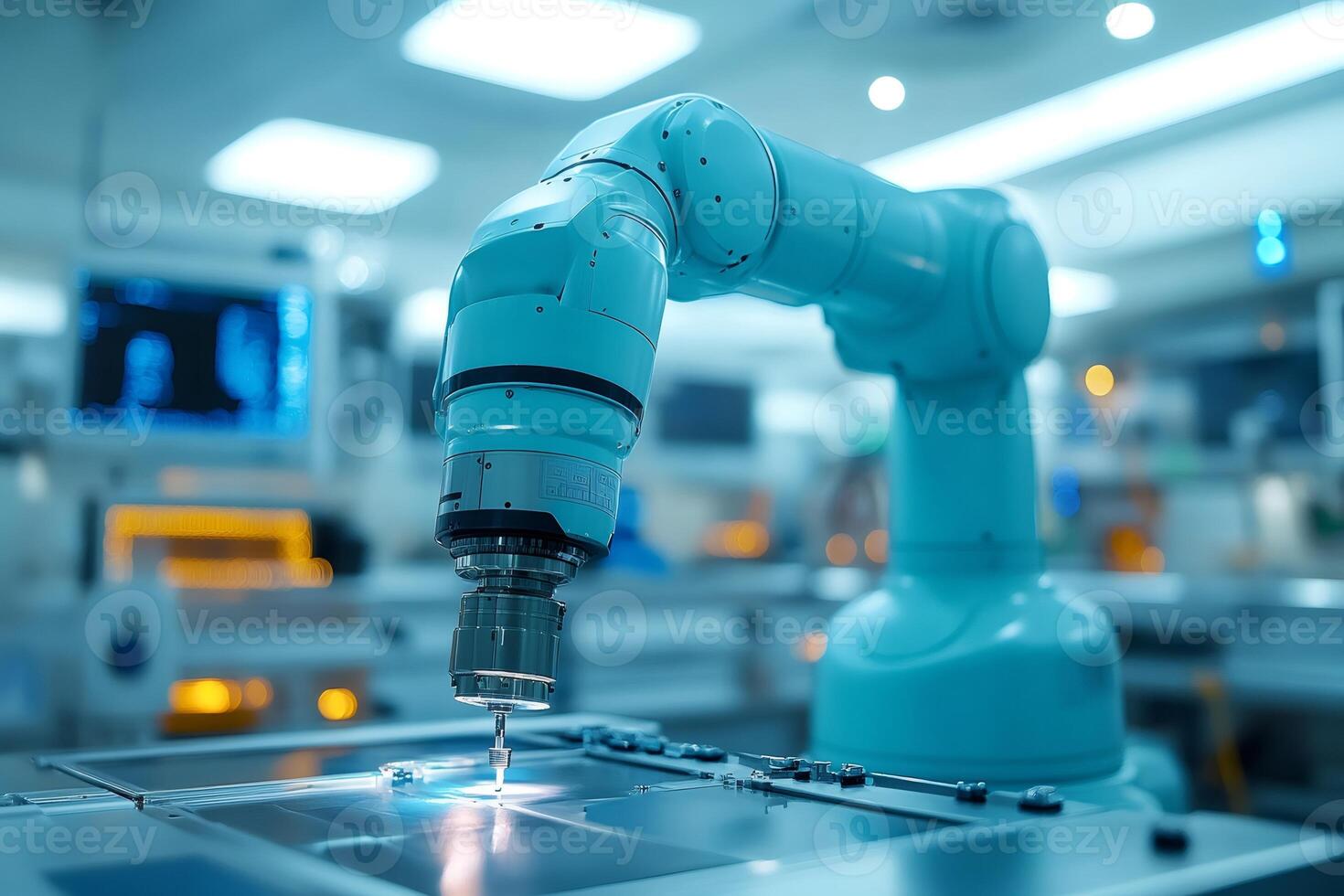 Robotic arm working on circuit board in modern laboratory photo