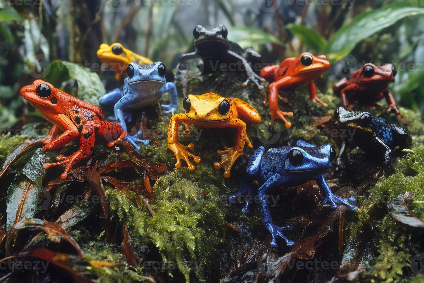 Colorful poison dart frogs posing on mossy surface photo
